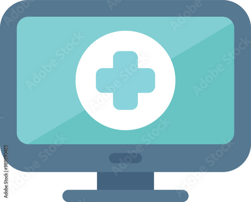 Computer screen displaying a medical cross, symbolizing online medical services and telehealth consultations