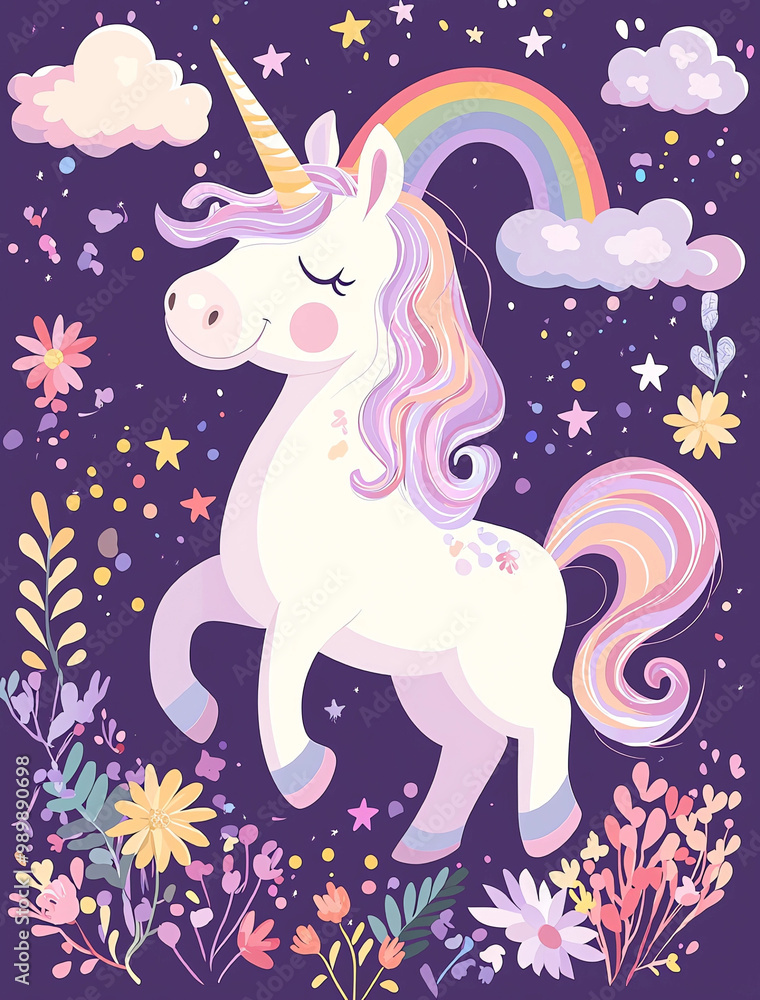 A cute unicorn in a cartoon style, surrounded by flowers and rainbows on a purple background. A cute unicorn in a cartoon style, surrounded by flowers and rainbows on a purple background.