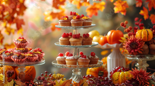 Autumn-Themed Dessert Table with Cupcakes and Decorations. An autumn-themed dessert table featuring tiered trays of cupcakes, surrounded by pumpkins, fall leaves, and warm seasonal decorations, creati photo