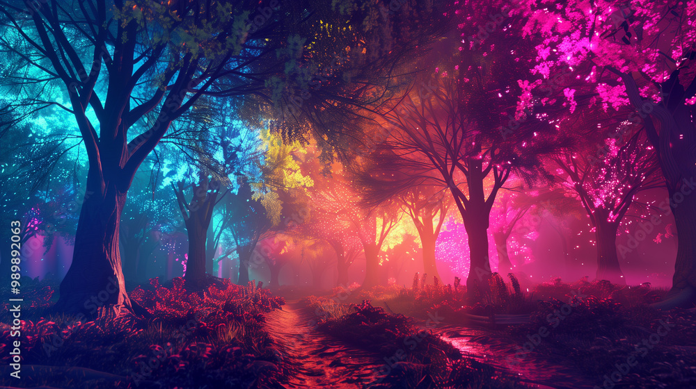 Enchanted Forest Path with Glowing Pink and Purple Trees in a Mystical Atmosphere Enchanted Forest Path with Glowing Pink and Purple Trees in a Mystical Atmosphere