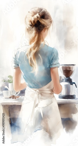 woman blue shirt preparing cup coffee snowy long swept back blond hair wearing white sundress inspiring black cap house kitchen sunny day photo