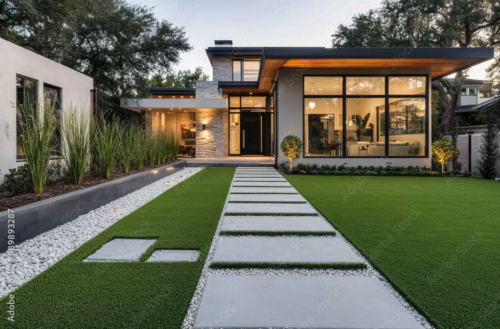 Modern front yard design with artificial grass, a concrete path, and a modern house in the background Modern front yard design with artificial grass, a concrete path, and a modern house in the background
