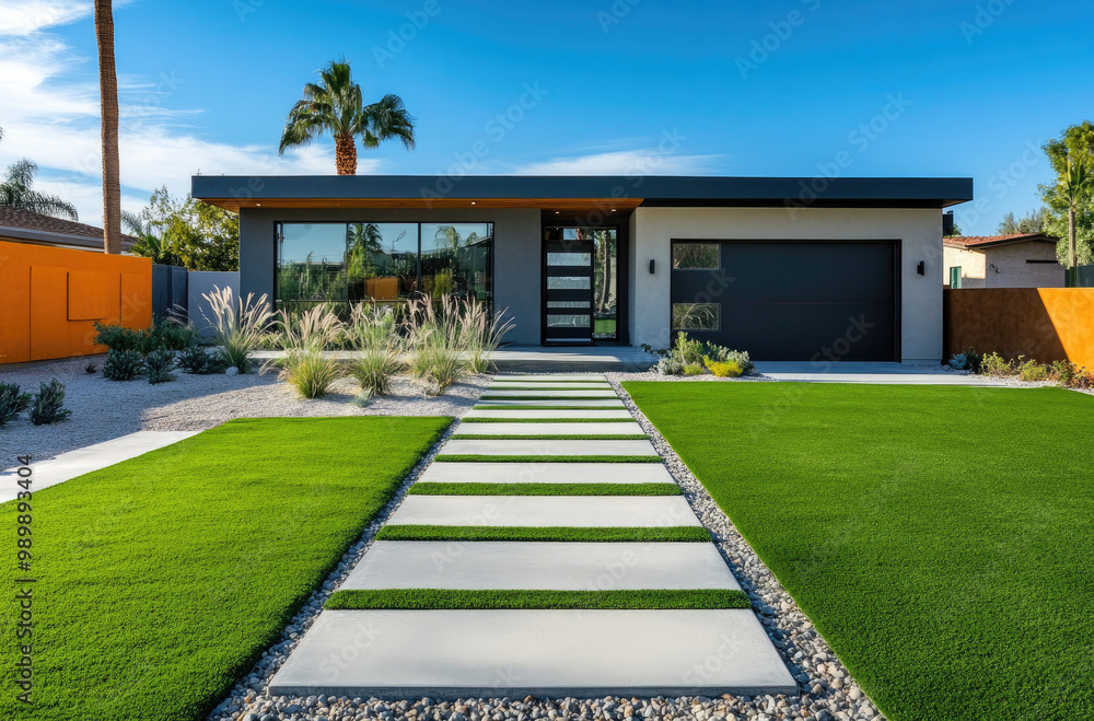 Modern front yard design with artificial grass, a concrete path, and a modern house in the background Modern front yard design with artificial grass, a concrete path, and a modern house in the background