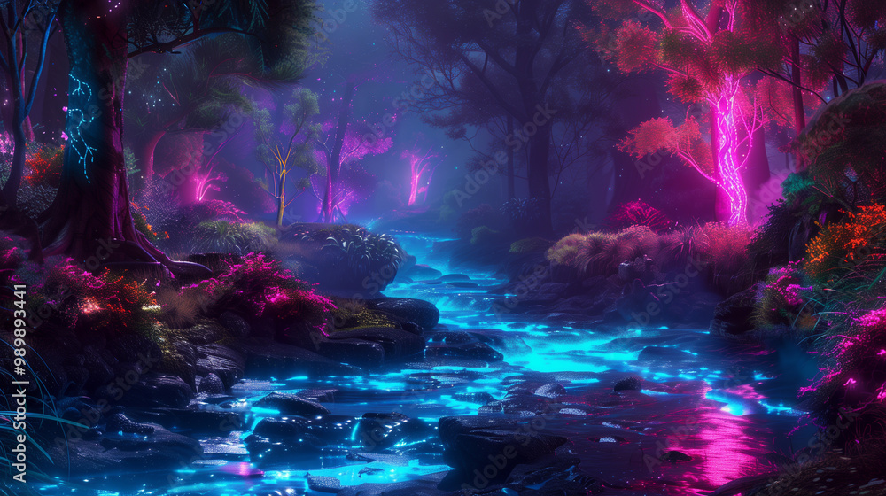 Fototapeta premium Enchanted River Flowing Through a Forest with Glowing Pink Mushrooms and Trees