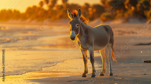 Donkey Standing on Beach at Golden Sunset. A peaceful donkey standing on a sandy beach at golden sunset, with the sun setting over the ocean in the background, creating a tranquil and serene atmospher photo