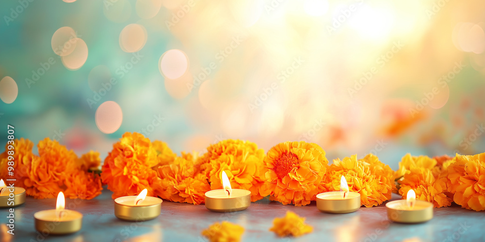minimalist dia de muertos scene with marigold flowers and bokeh
minimalist dia de muertos scene with marigold flowers and bokeh