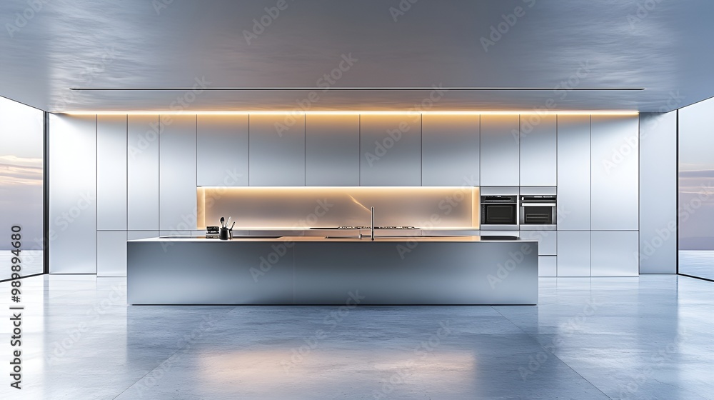 Modern kitchen layout with an island open shelving and innovative storage solutions Modern kitchen layout with an island open shelving and innovative storage solutions