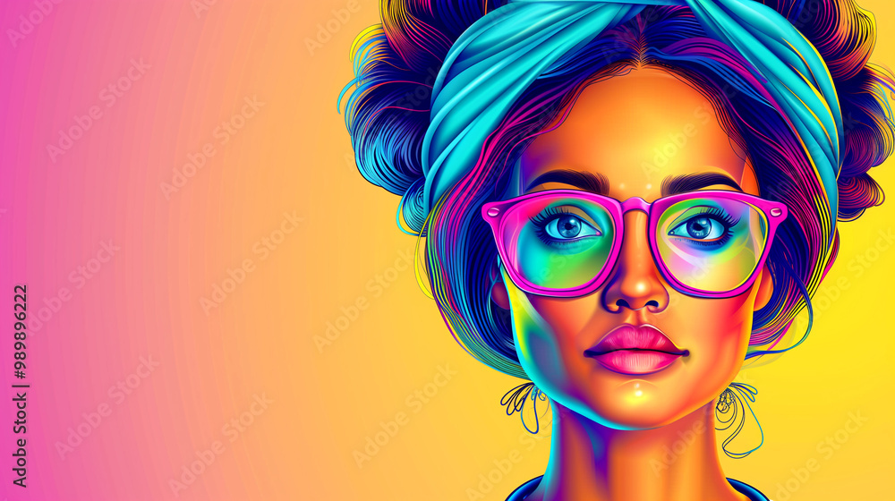 Obraz premium A woman with glasses and a blue bandana is the main focus of the image. The background is a bright yellow color, which adds a pop of color to the scene. Scene is cheerful and vibrant
