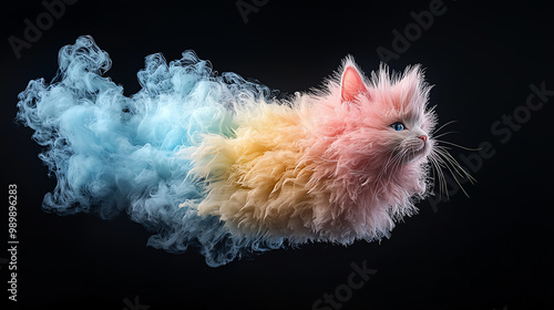 A fantastical animal made of swirling, rainbow-colored smoke, symbolizing imaginative creatures from a dream world. photo