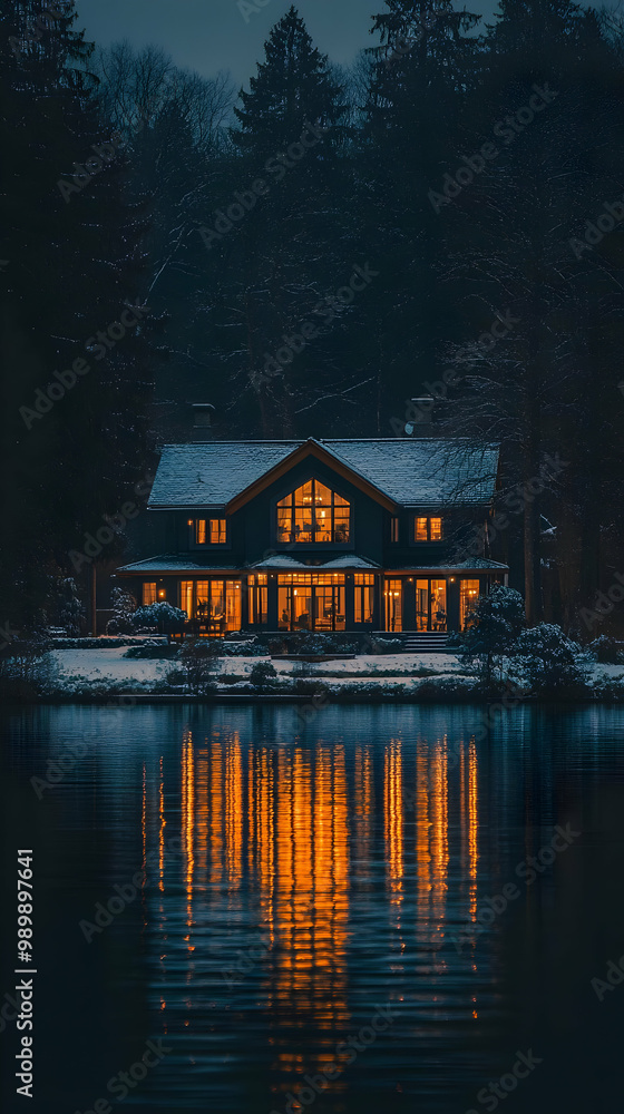 Fototapeta premium Illuminated Lakeside House Reflecting in Calm Water at Twilight