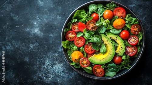 Top view of a colorful salad bowl filled with greens, avocado, and cherry tomatoes, positioned at the bottom left corner, with plenty of space above for text