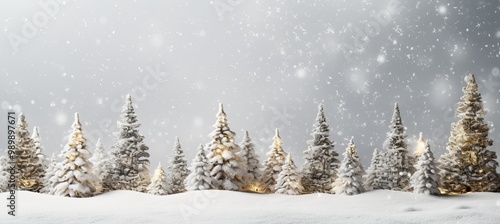 Snow-covered evergreen trees with falling snowflakes in a winter landscape at dusk