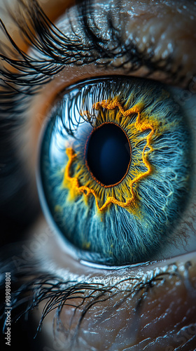 Close-up of a blue eye with a bright yellow iris.