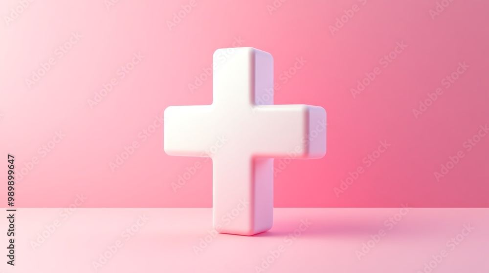 Obraz premium 3D white cross symbol on a pink background, minimalistic medical and healthy lifestyle concept.