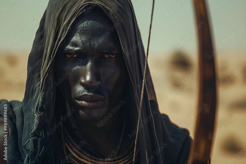 Skilled African Archer, Holding His Bow and Arrows in Beautiful Desert Scenery. African Hunter Skilled African Archer, Holding His Bow and Arrows in Beautiful Desert Scenery. African Hunter