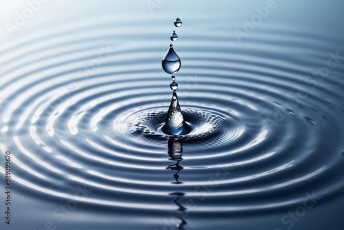 A close-up view of a water droplet splashing on a clear surface, creating ripples and bubbles in a blue and fresh setting, showcasing the beauty of nature and liquid dynamics