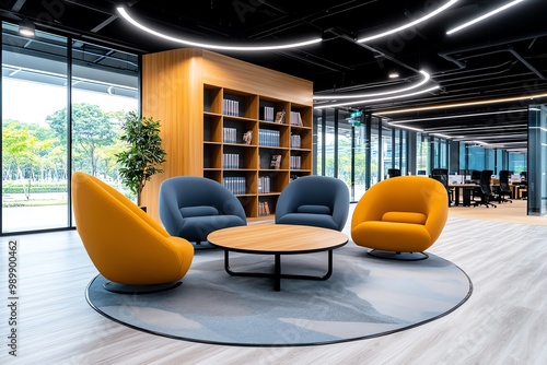 A modern office lounge area, with comfortable chairs, coffee tables, and bookshelves, creating a relaxed atmosphere