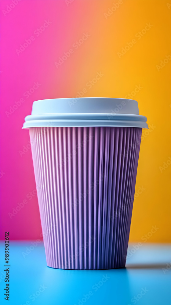 Purple Reusable Coffee Cup Stands on a Vibrant Blue Surface with a Colorful Backdrop Purple Reusable Coffee Cup Stands on a Vibrant Blue Surface with a Colorful Backdrop