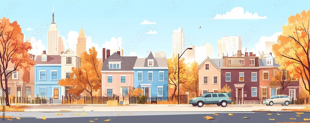 Panoramic view of an American city street with houses and buildings in the background, vector flat style illustration, autumn season, cartoon design Panoramic view of an American city street with houses and buildings in the background, vector flat style illustration, autumn season, cartoon design