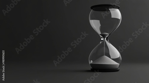 A glass hourglass with sand in it is sitting on a dark background