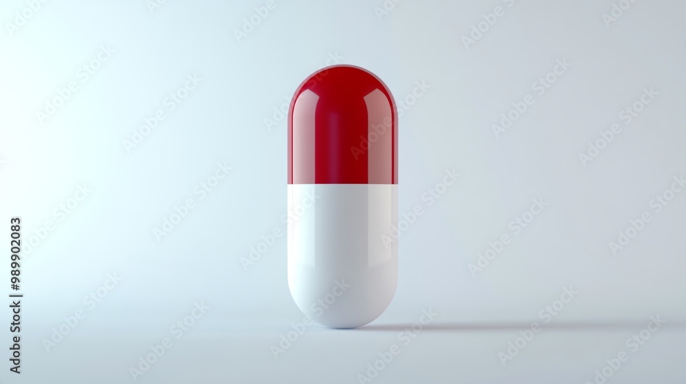 Minimalistic photo of a red and white pill on a clean, white background. Perfect for pharmaceutical and medical-related content. Minimalistic photo of a red and white pill on a clean, white background. Perfect for pharmaceutical and medical-related content.