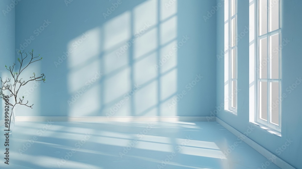 Studio style background wall decoration presentation uses white and blue tones. with shadows cast from a nearby window, concept creating a decorative backdrop. Studio style background wall decoration presentation uses white and blue tones. with shadows cast from a nearby window, concept creating a decorative backdrop.