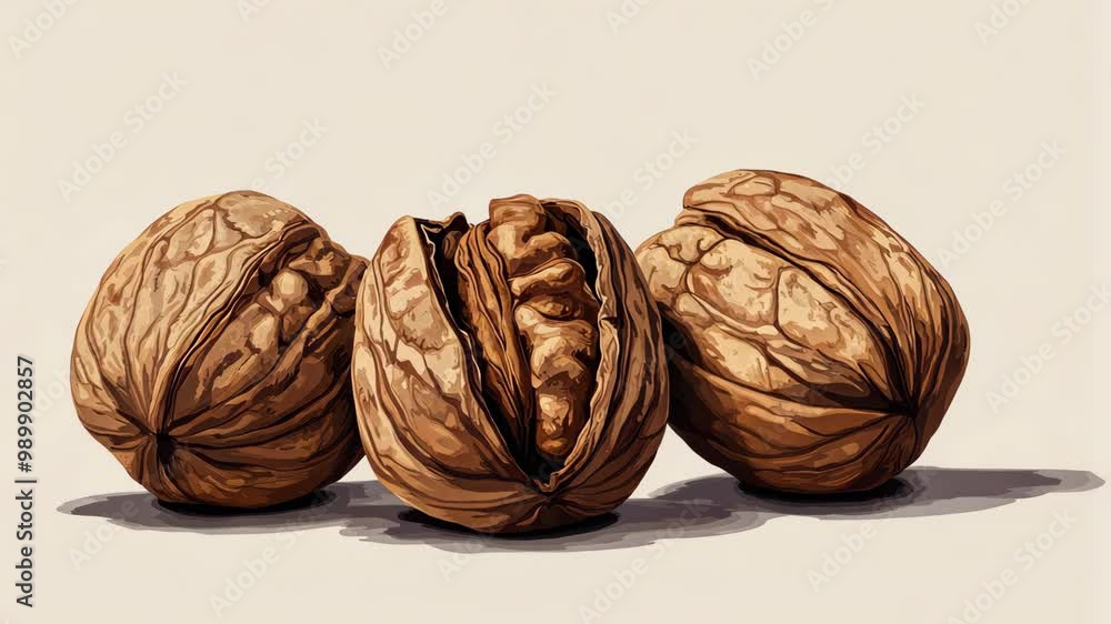 Three walnuts sit on a beige surface, one is cracked open revealing the nut inside Three walnuts sit on a beige surface, one is cracked open revealing the nut inside