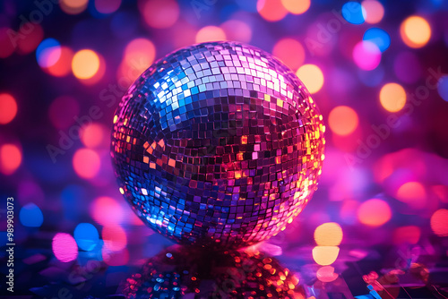 Shiny Disco Ball Reflects Colorful Lights Creating a Festive Atmosphere