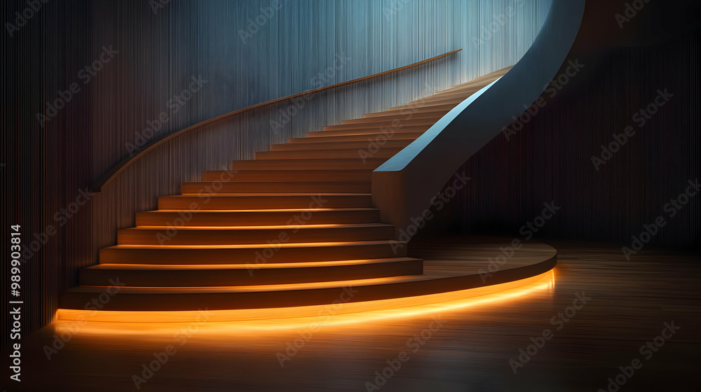 Obraz premium Illuminated Wooden Staircase with Curved Wall in Modern Interior Design
