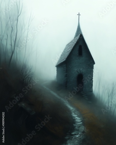 small church hill steeple atmosphere illustration deviant wet forlorn hut creating presence foreboding