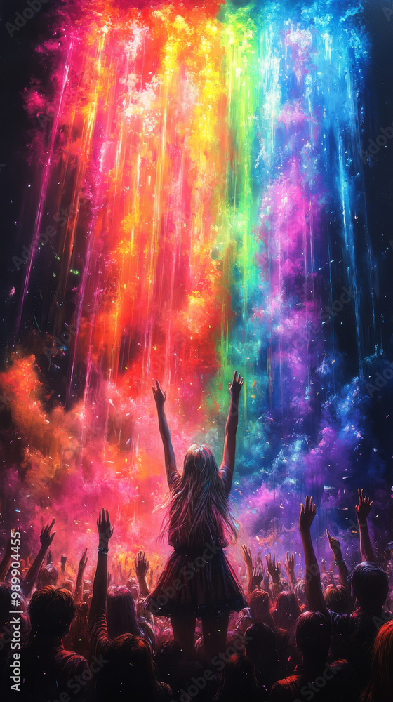 Woman in crowd with arms raised, colorful lights and smoke in the air Woman in crowd with arms raised, colorful lights and smoke in the air