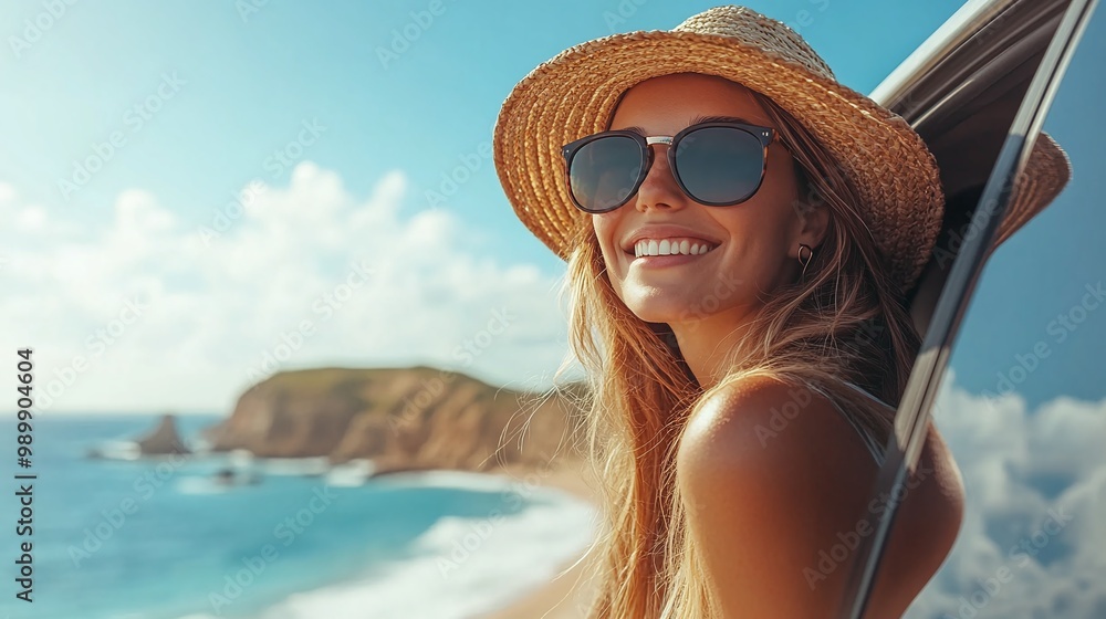 vibrant young woman on a road trip, leaning out of the car window to admire the coastal route and mesmerizing sea view, capturing the essence of adventure and happiness in seaside holidays vibrant young woman on a road trip, leaning out of the car window to admire the coastal route and mesmerizing sea view, capturing the essence of adventure and happiness in seaside holidays