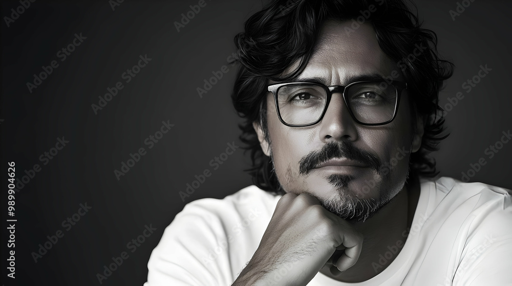 Obraz premium Serious Man In Glasses Rests Chin On Hand Against Dark Background
