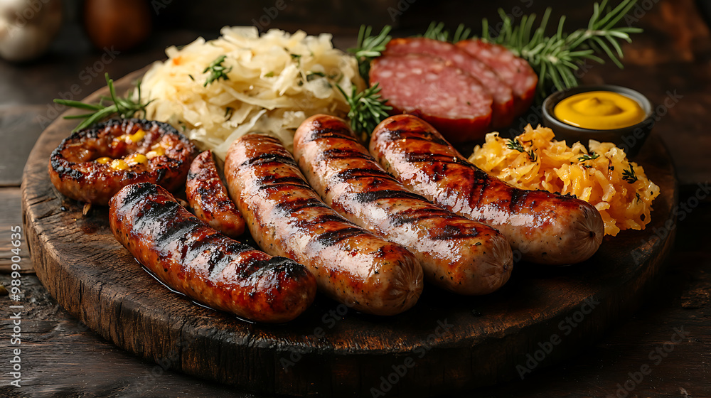 A variety of grilled sausages served with sauerkraut and mustard A variety of grilled sausages served with sauerkraut and mustard