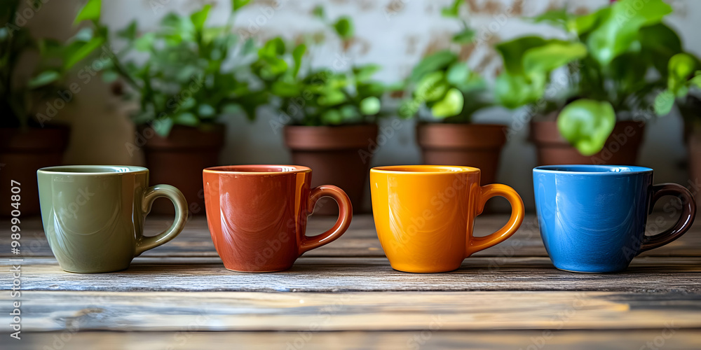 Four Colorful Coffee Mugs Sit on a Rustic Wooden Table with Potted Plants in the Background Four Colorful Coffee Mugs Sit on a Rustic Wooden Table with Potted Plants in the Background