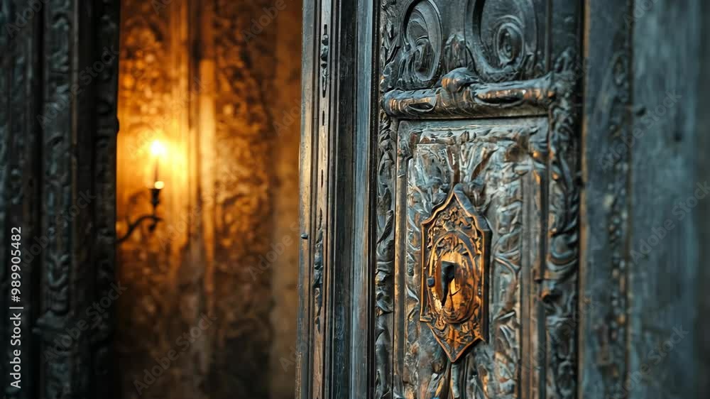 A candle glows softly in the darkness, casting a warm light on an ornate door in a historic building A candle glows softly in the darkness, casting a warm light on an ornate door in a historic building