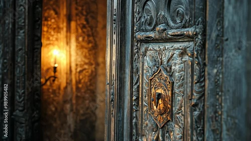 Wallpaper Mural A candle glows softly in the darkness, casting a warm light on an ornate door in a historic building Torontodigital.ca