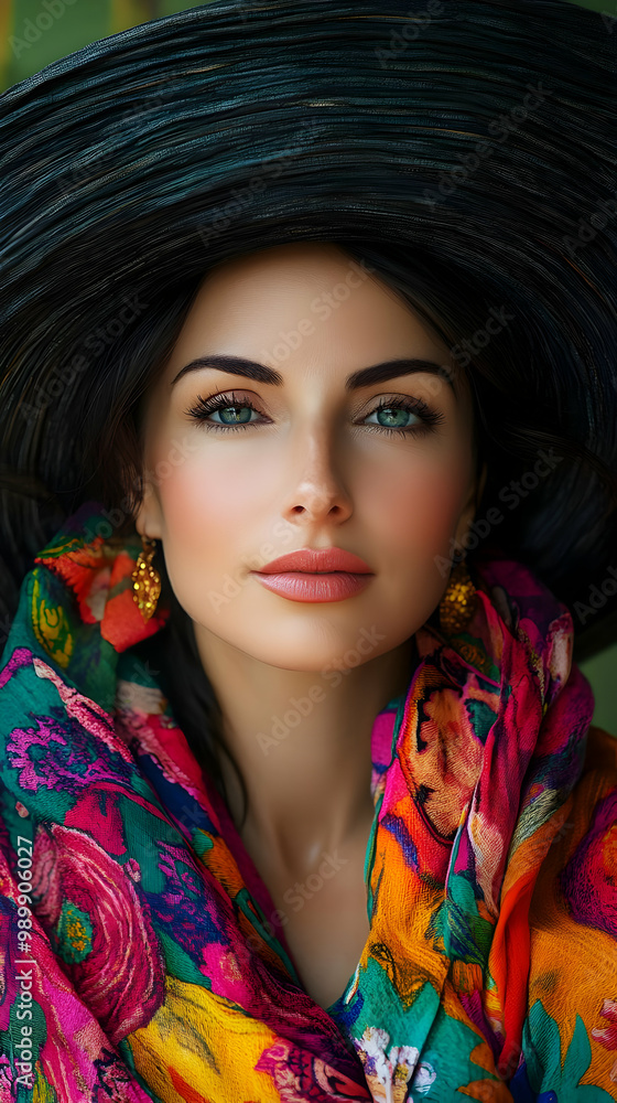 Stylish Woman With Floral Scarf and Large Hat Poses Elegantly Stylish Woman With Floral Scarf and Large Hat Poses Elegantly