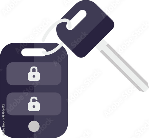 Car key fob is laying on a surface with the key hanging from the ring