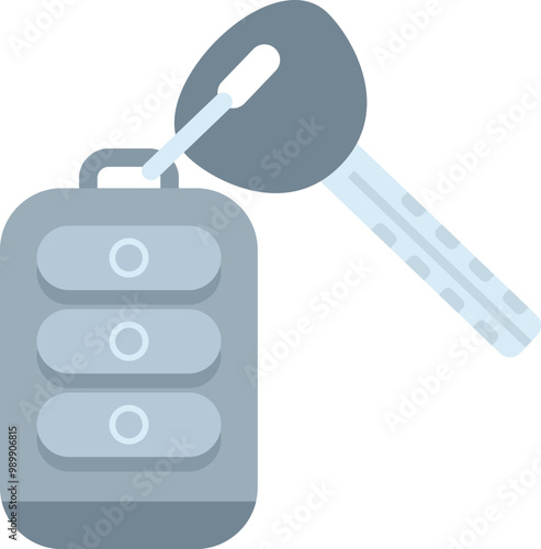 Grey car key fob with remote control lock and unlock buttons is depicted on white background