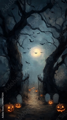 pumpkins sitting dirt gloomy mood standing astride gate road bats flying tombstones background reaching out grave corridor colorfully barriers props containing trees