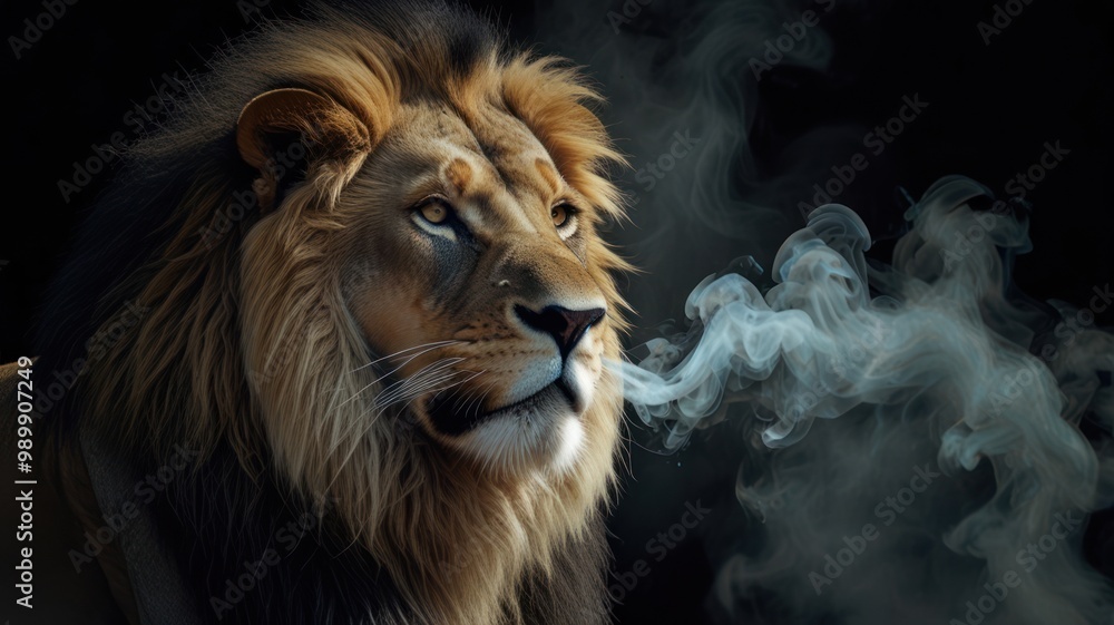 Fototapeta premium Majestic Lion Exhaling Smoke