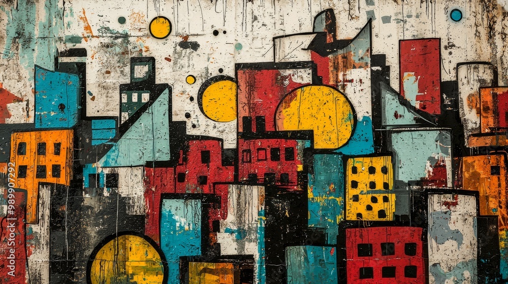 Fototapeta premium Graffiti wall featuring abstract cityscapes, bold outlines of buildings blending with chaotic street art patterns