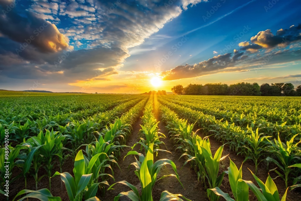 Expansive View of Lush Green Cornfield with Neatly Planted Rows Under a Clear Blue Sky Expansive View of Lush Green Cornfield with Neatly Planted Rows Under a Clear Blue Sky