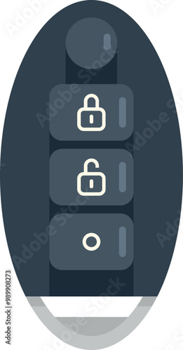 Modern car key fob with buttons locking and unlocking a vehicle is shown against a white background