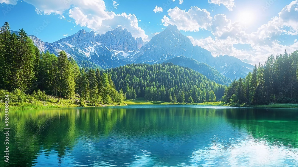 Fototapeta premium Colorful summer view of Fusine lake. Bright morning scene of Julian Alps with Mangart peak on background, beautiful Province of Udine, Italy