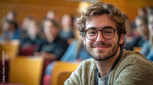 portrait of a confident male student in a lecture hall, happy and smiling as he enjoys learning, french university student seated in a classroom setting, studying and experiencing college life