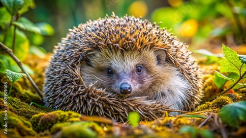 Fearful hedgehog curled up in a ball, showcasing its defensive posture in a natural setting photo