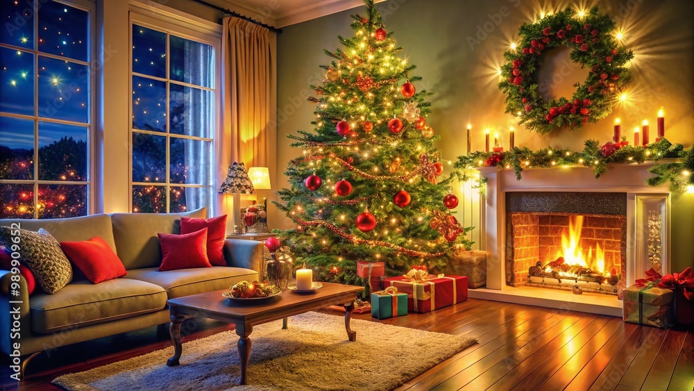 Festive Christmas Living Room Decor with Cozy Ambiance, Tree, Lights, and Holiday Ornaments Festive Christmas Living Room Decor with Cozy Ambiance, Tree, Lights, and Holiday Ornaments