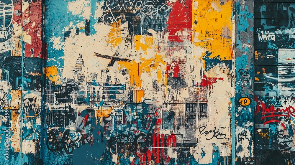 Obraz premium Graffiti wall with detailed urban landscapes, street art depicting city scenes